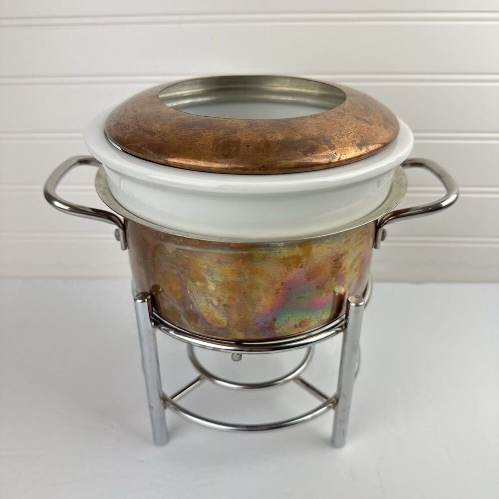 Williams Sonoma Ruffoni Copper Porcelain Fondue Pot Set & Stand Made in Italy